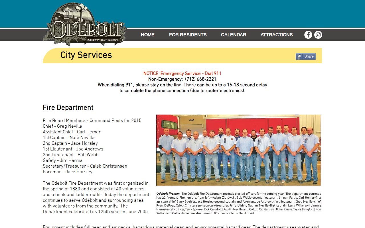 Captured Odebolt city services page describing sheriff law enforcement