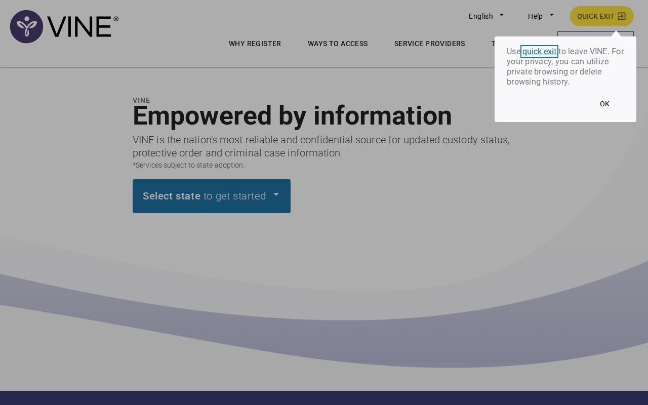 VINELink account and alert registration interface for custody notifications