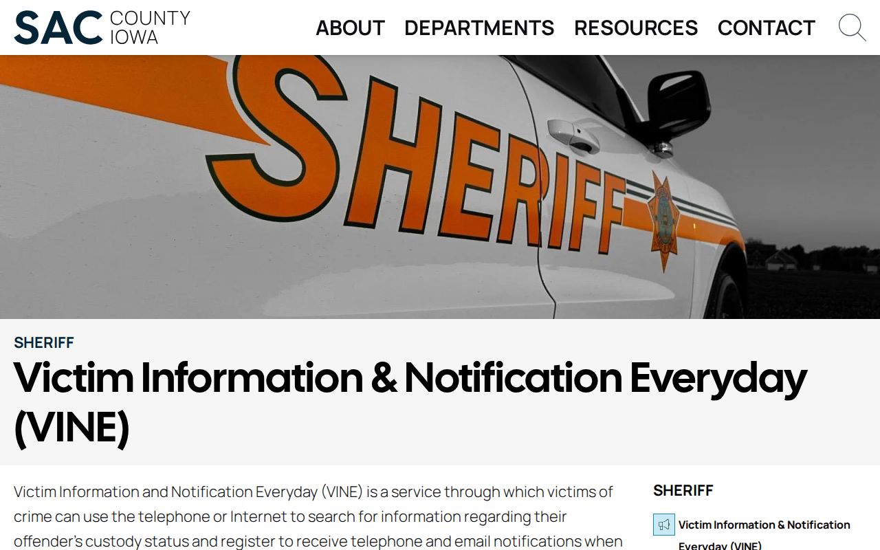 Sac County official VINE information page explaining custody searches and notifications