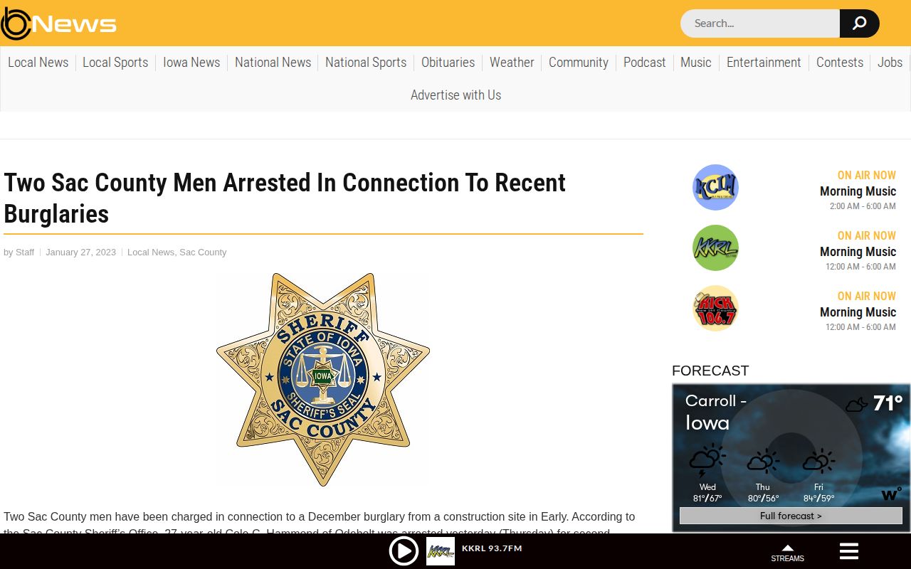 KCIM Sac County law-enforcement news report used as secondary arrest context